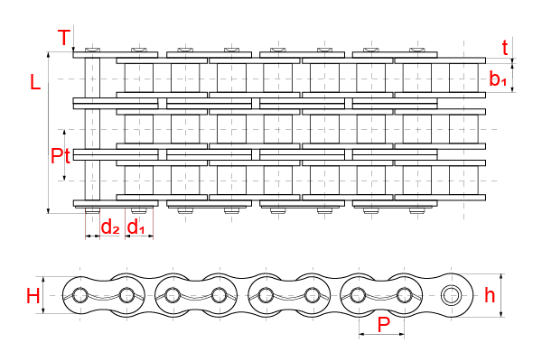 Схема - Трёхрядные приводные втулочные цепи повышенной точности и прочности 3НП ГОСТ 21834-87