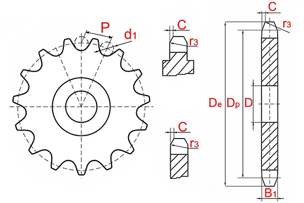 Схема — Звёздочка 3/8" x 7/32" для приводной цепи 06B-1 плоская без ступицы (тип A)