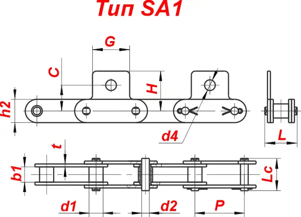 Схема — Двухшаговая конвейерная роликовая цепь C208BL-SA1 с прикреплениями (аттачментами) стандарт ISO
