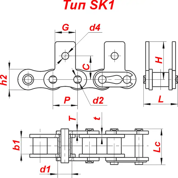 Схема — Конвейерная роликовая цепь 100-SK1/M1 с прикреплениями (аттачментами) стандарт ANSI