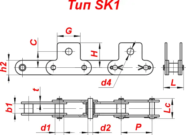 Схема — Двухшаговая конвейерная роликовая цепь C2042-SK1/M1 с прикреплениями (аттачментами)