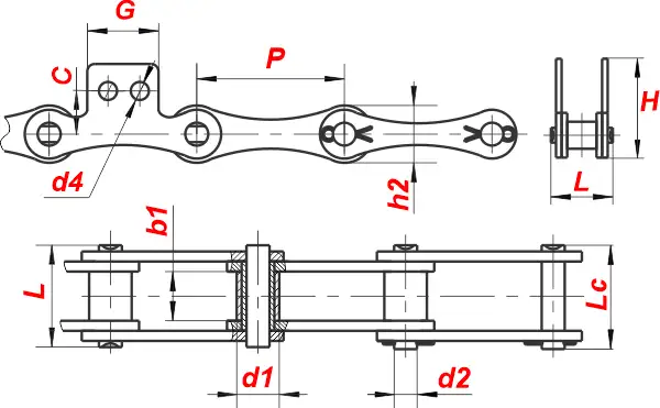 Схема — Длиннозвенная конвейерная роликовая цепь 2080-SK2 с прикреплениями (аттачментами)