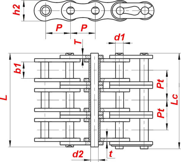 Схема — Приводная трёхрядная втулочная цепь 25-3 стандарт ANSI