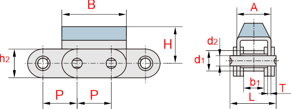 Схема — Конвейерная специальная цепь C10B-G1F1 с резиновым профилем (эластомером)