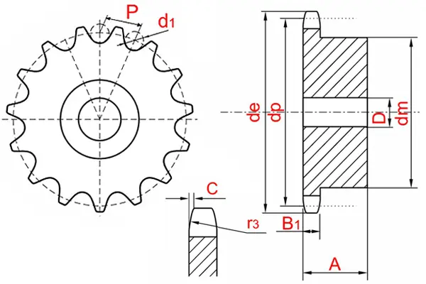 Схема — Звёздочка 3/8" x 7/32" для приводной цепи 06B с боковой ступицей (тип B)