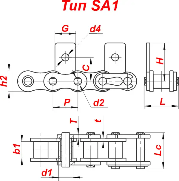 Схема — Конвейерная роликовая цепь 12B-SA1/M1 с прикреплениями (аттачментами) стандарт ISO