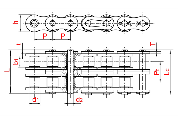 Схема - Двухрядные приводные роликовые цепи ISO 606 серии B