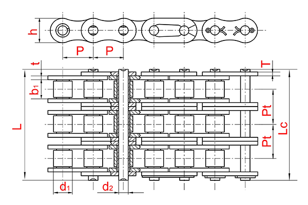 Схема - Трехрядные приводные роликовые цепи DIN 8187